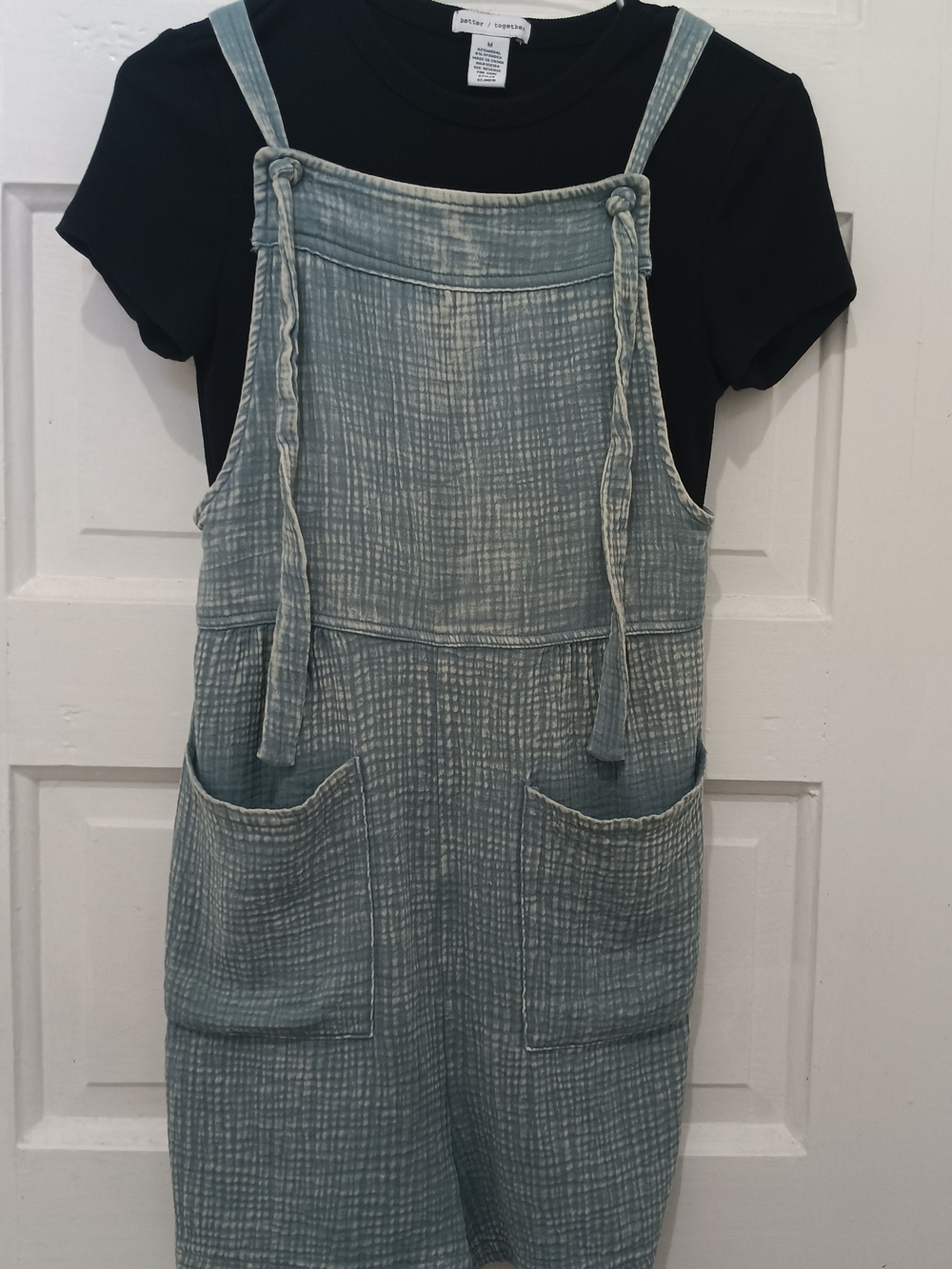 Light Teal Gauze Cotton Overall Romper with Pockets